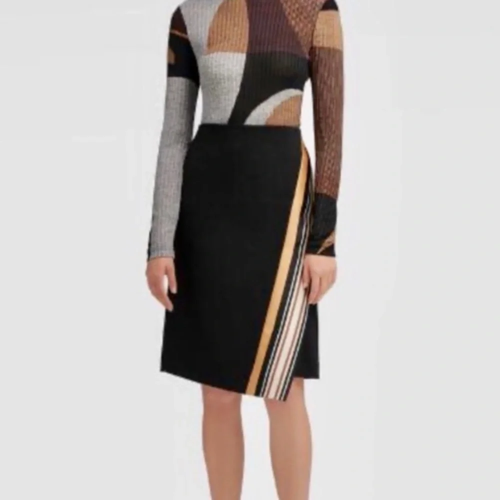 DKNY Black Midi Skirt with Tan and White Stripe Detail